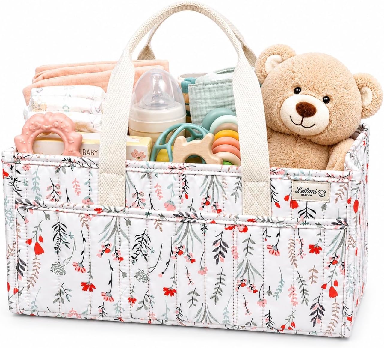 Diaper Caddy Organizer, Floral Design, Portable Nursery Basket with 3 Front Pockets and Zipper Pockets for Baby Essentials