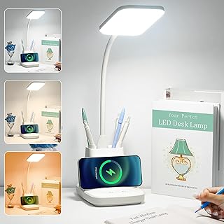 Desk Lamp with Wireless Charger, LED Desk Lamps for Home Office Eye-Caring CRI 85+, 3 Color Modes, Stepless Dimming Touch Table Lamp, Study Small White Lamp with Pen Holder for College Dorm