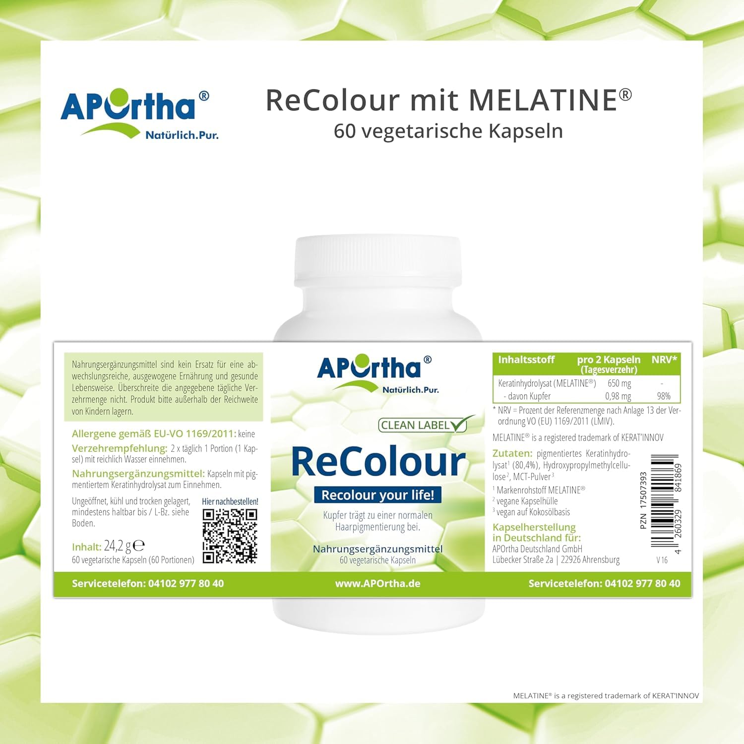 APOrtha® ReColour mit hochwertigem Melatine® Melanin I 60 vegetarische Kapseln mit Melanin gegen graue Haare I schrittweise Re-Pigmentierung von weißem und ergrautem Haar I Anti graue Haare Männer