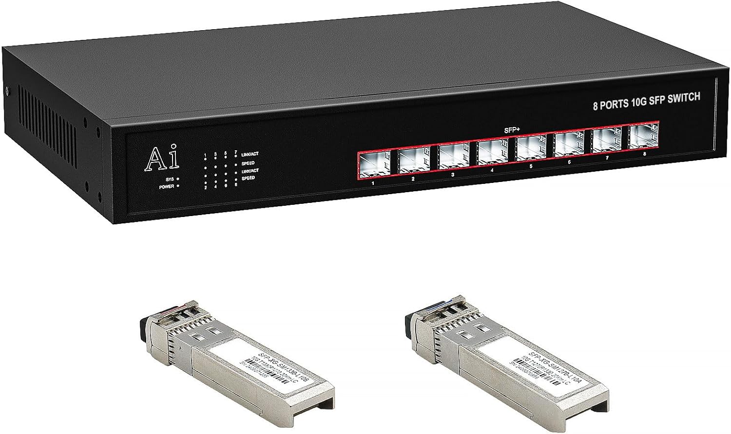 8 Port SFP+ Switch with 1 Pair 10G Module Transceiver, Unmanaged Switch with 8 x 10 Gigabit and 10GBASE LC SMF Single Mode SFP Module, Support 1G/2.5G/10G | Plug & Play