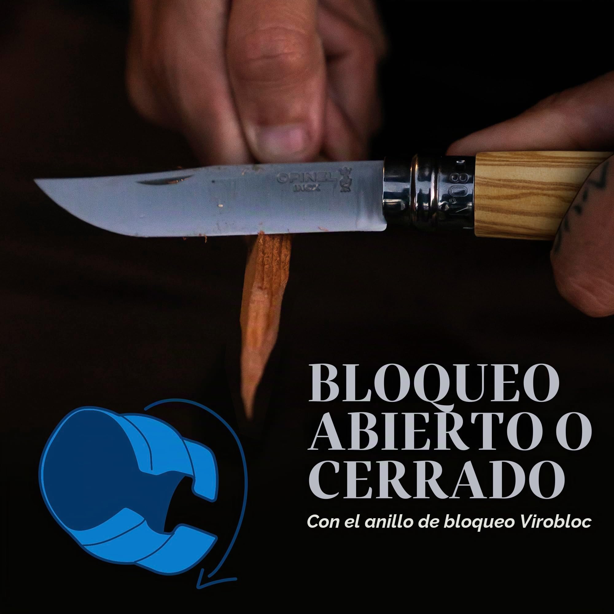 Opinel - N°08 Olivo Cuchillo de Bolsillo Versátil + Funda Alpine - Hoja de 8,5 cm de Acero Inoxidable - Mango de Olivo - Anillo de Seguridad Virobloc - Fabricación Francesa