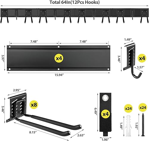 Miniatura 5 de Organizador de herramientas de garaje montado en la pared, estante organizador de herramientas de jardín ajustable de 64 pulgadas, 20 piezas de