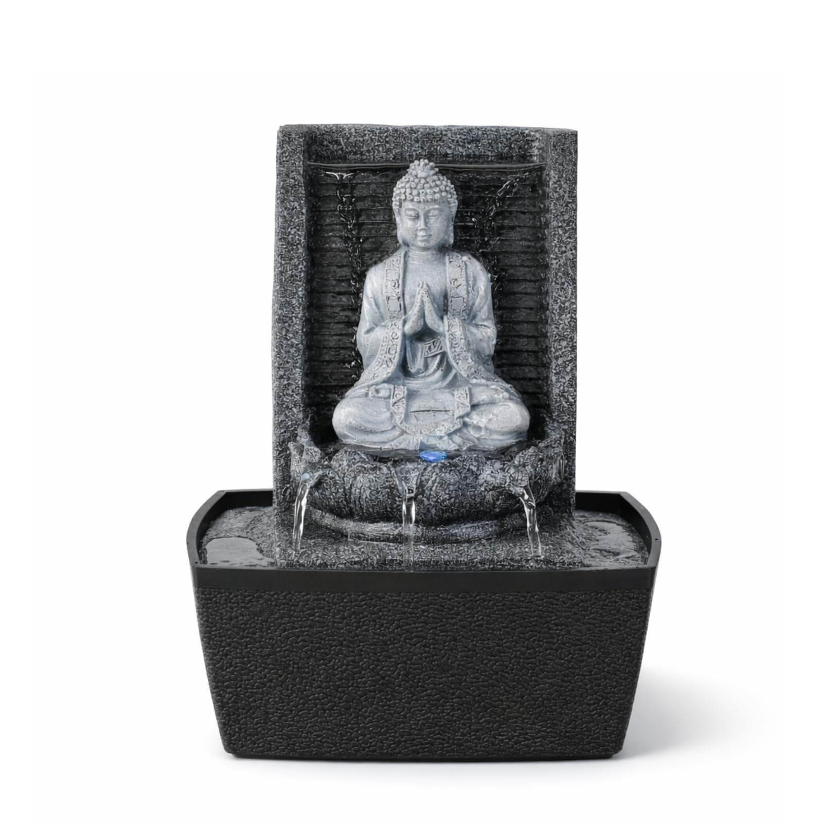 Fontaine d’Intérieur Bouddha Mur d’Eau Cascade Lotus Lumière LED Blanc – Déco Zen Salon Chambre Feng Shui - Fontaine de Table Circuit fermé - Cadeau Utile– H 26cm – Nirvana Zen’Light