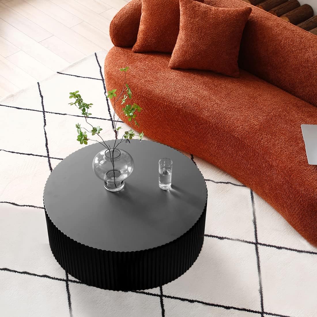 Black Round Coffee Table for Living Room, Modern Drum Coffee Tables Wood, Large Circle Side Tables for Home Apartment Mall (Matte-Black)