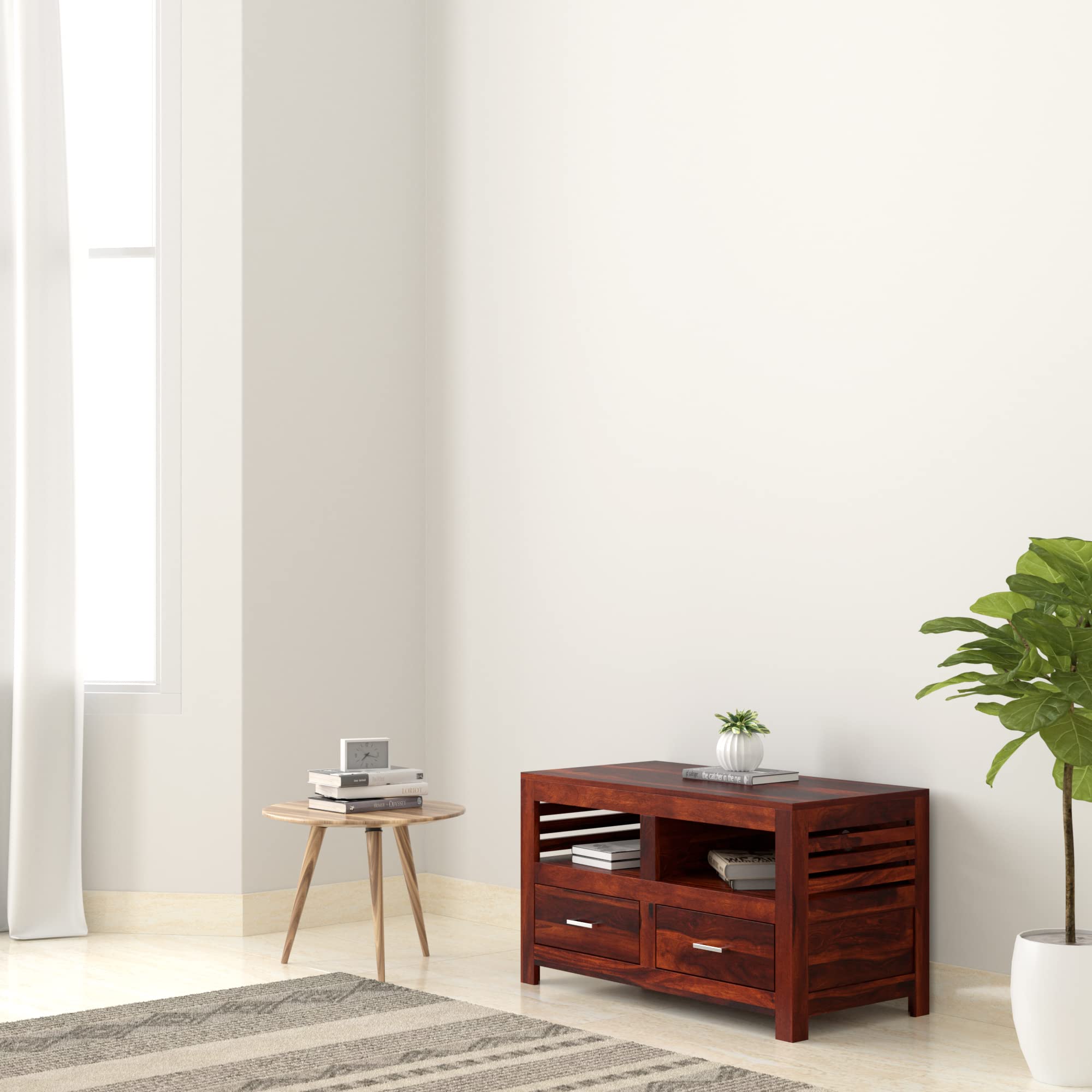 Amazon Brand - Solimo Cottbus Solid Sheesham Wood Entertainment Unit with 2 Drawers and 2 Shelves (Honey Finish)