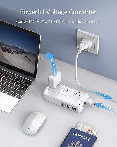 Vista 5 de BESTEK - Adaptador de viaje universal convertidor de voltaje de 100-220 V a 110 V de 250 W con carga USB de 6 A y 4 puertos, 3 tomas de CA
