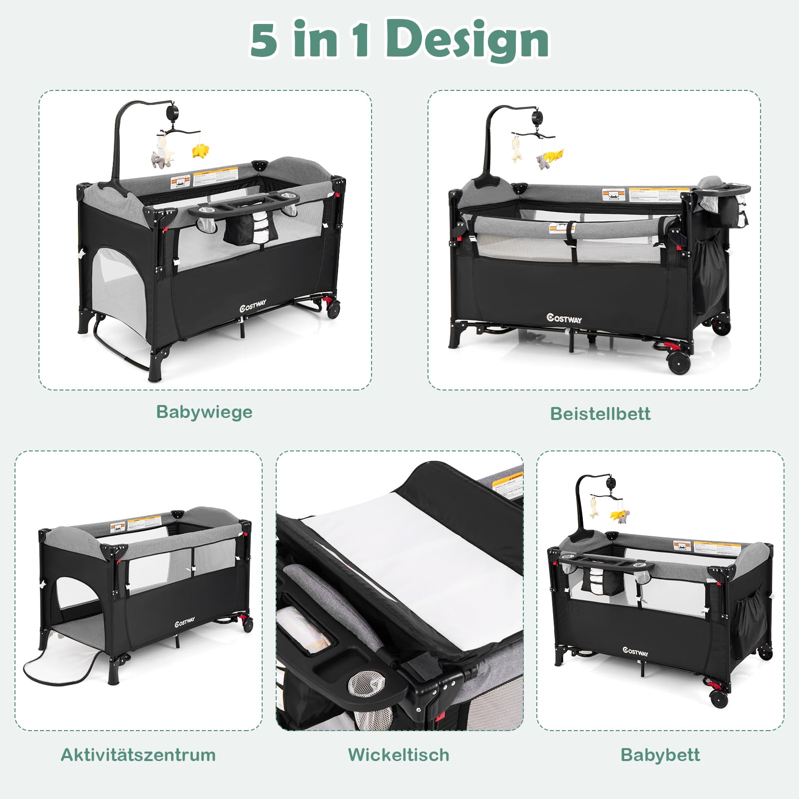 COSTWAY 5-in-1 bijzetbed, inklapbaar, reisbed met matras, 2 niveaus babybed met wielen, speelboog en aankleedkussen, wieg met draagtas, voor baby's tot 3 jaar (bruin