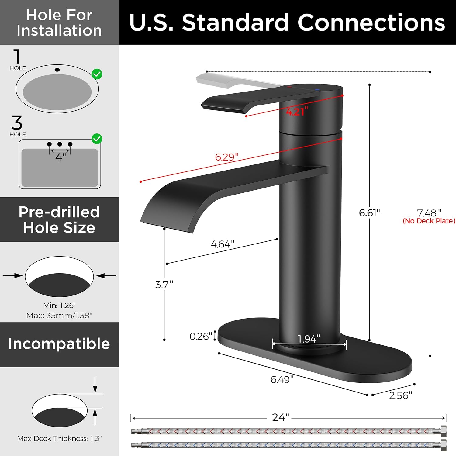 FORIOUS Black Bathroom Faucet 1 Hole, Single Handle Matte Black Waterfall Bathroom Faucet Single Hole for Rv, Lavatory, Restroom Tap with 3 Hole Adapter Deck Plate, Pop Up Drain and 24" Supply Hose