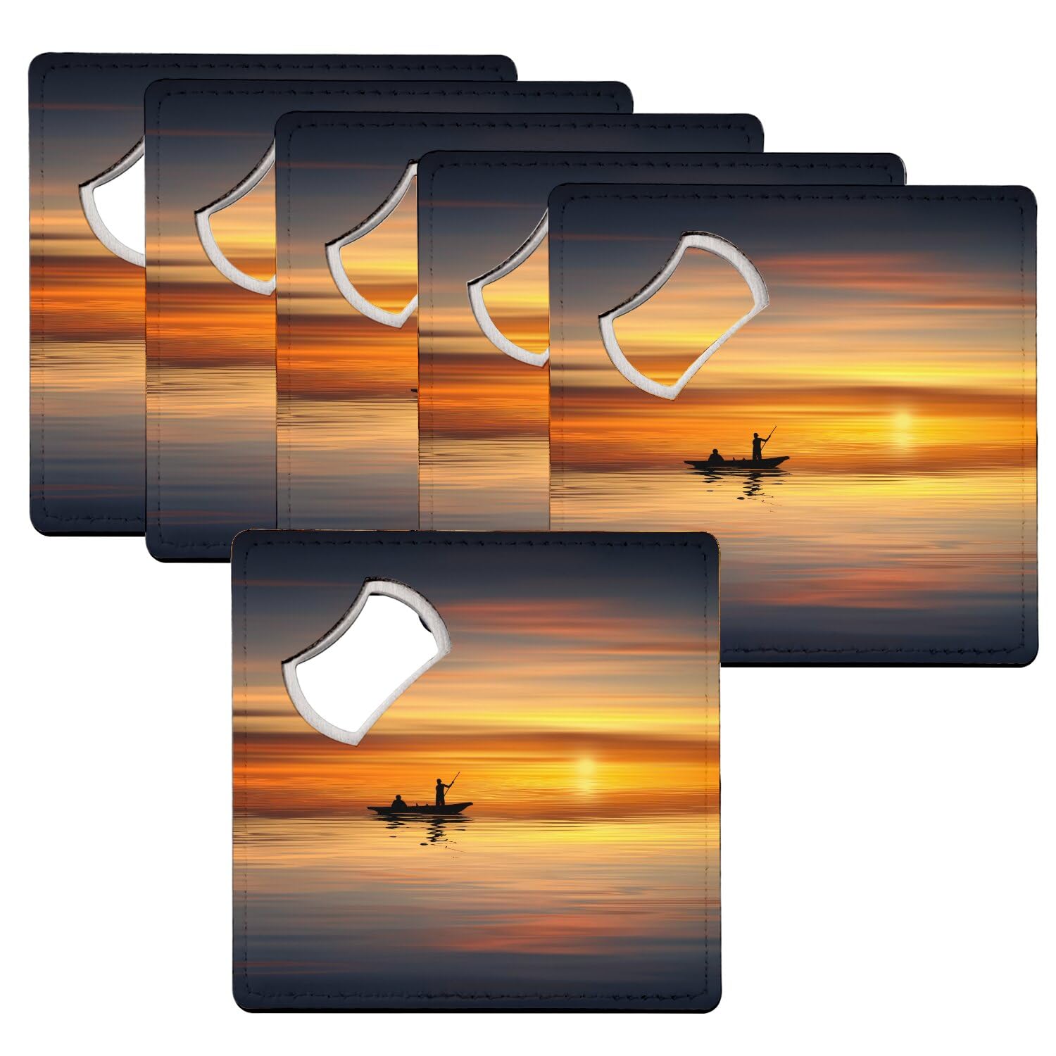 Sous-verre décapsuleur pour apéro en terrasse motif pêcheur au coucher du soleil