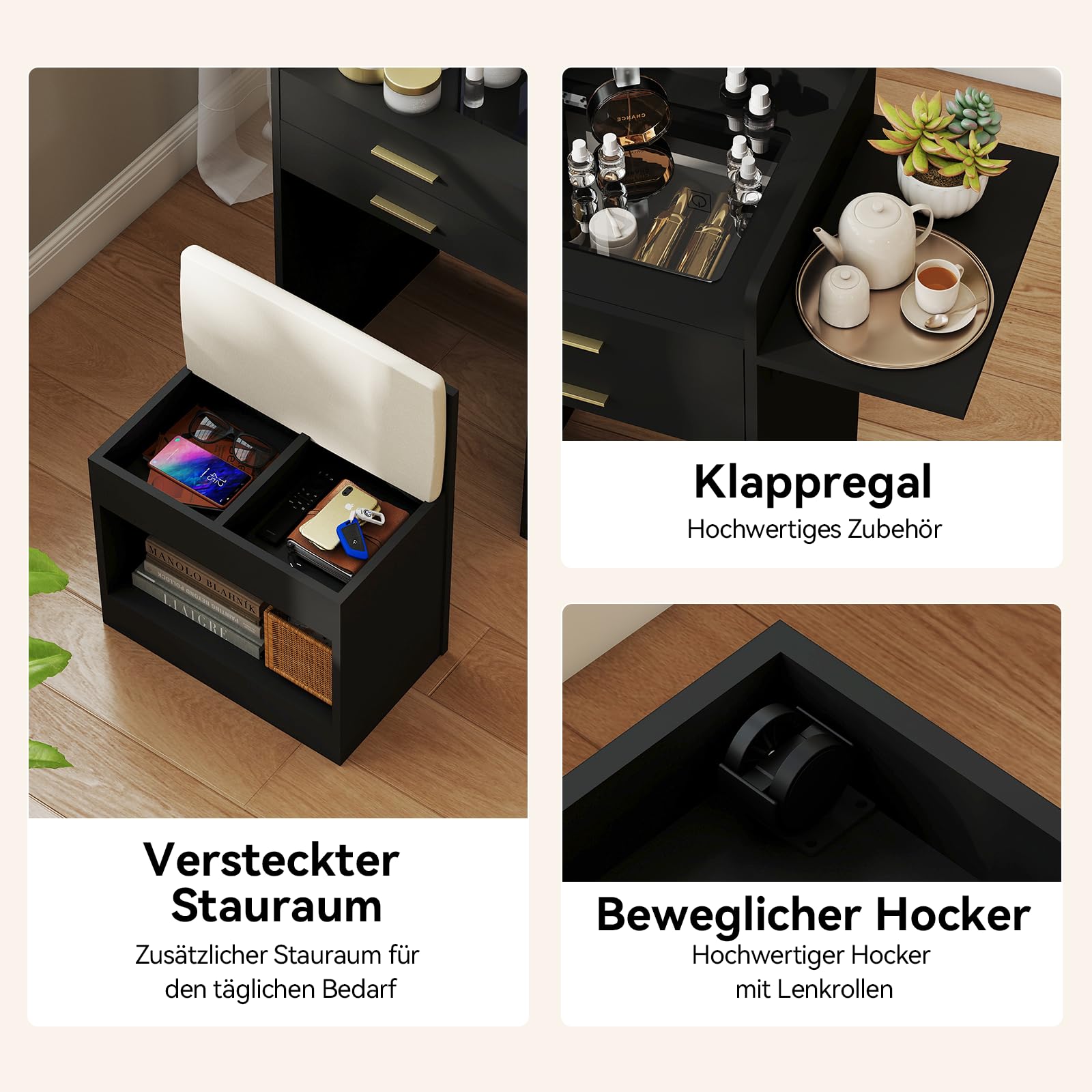 YU YUSING 3 in 1 Schminktisch mit Beleuchtung Spiegel, Klappbarer | 2 Schubladen, Glasplatte, Rollen Hocker, Eckschminktisch Kleiner Frisiertisch für Schlafzimmer, Schwarz