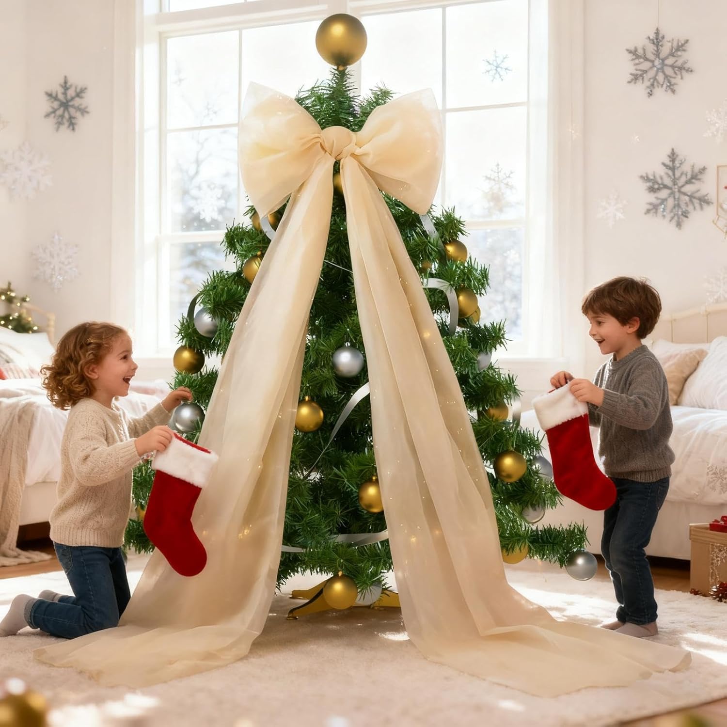 Christmas Bow - Large Tulle Ribbon Decoration | Festive Tree Bow for Indoor Outdoor Use, Home Walls Kitchen Crafts, Elegant Decoration for Christmas, Women Men DIY Crafts