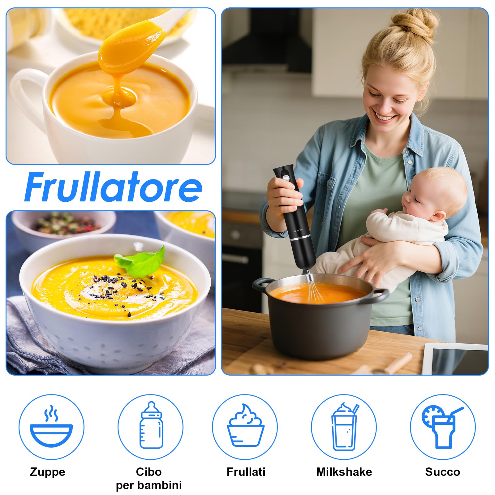 Mixer Immersione 4-In-1, 500 W Frullatore Tritatutto Multifunzione, 2 Velocità, con Frusta e Tritatutto da 500 ml e Misurino da 700 ml per Frullati, Zuppe, Salse, Yogurt, Alimenti Bambini
