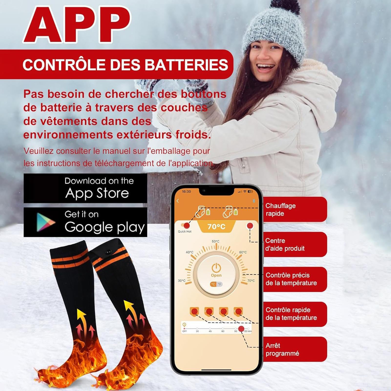 Calcetín eléctrico – Tamaño 36-46, batería recargable de 5000 mAh, calcetines calefactados con control de aplicación, calentadores de algodón, calcetines de esquí, senderismo, camping, correr, caza