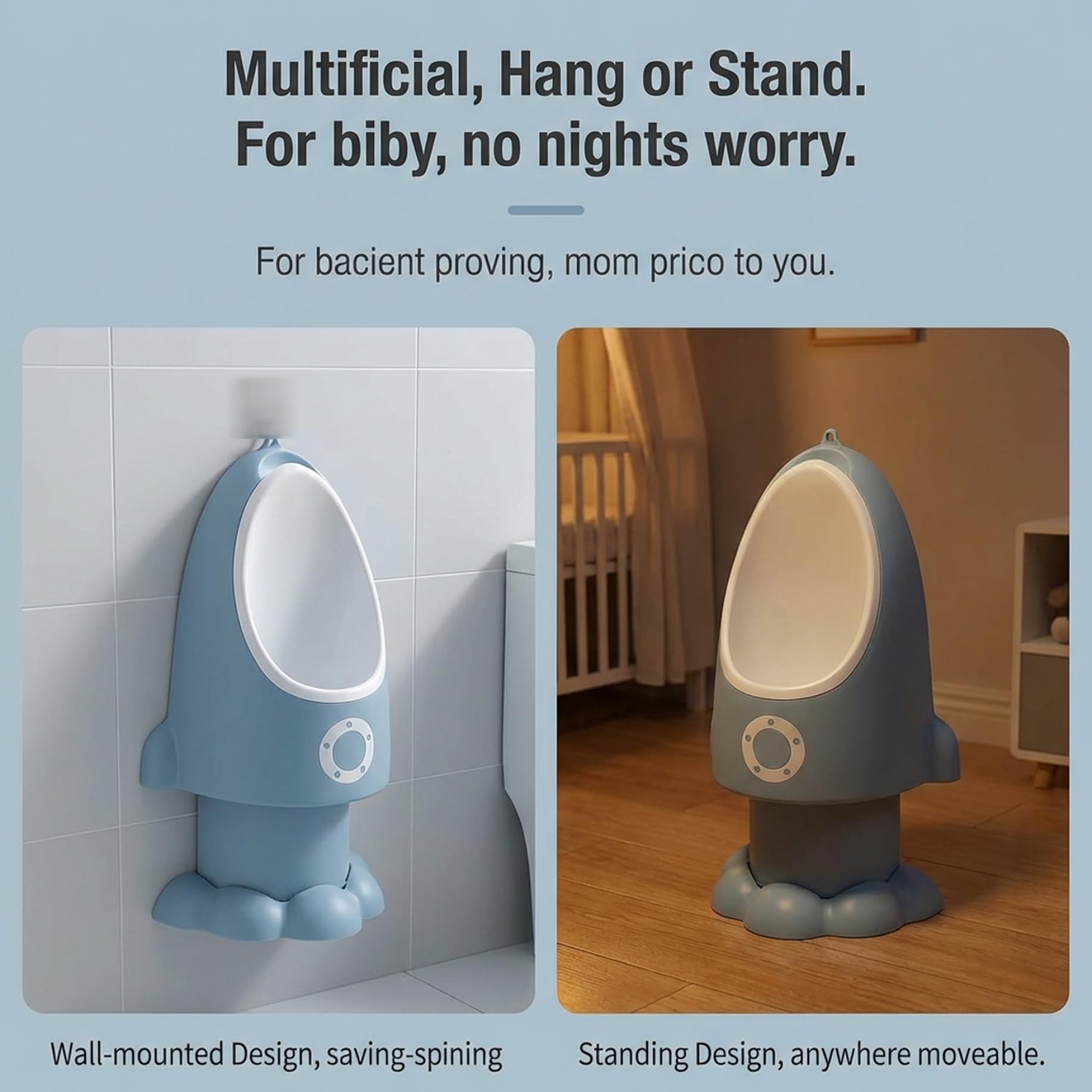 Kleinkind-Urinal, verstellbares, spritzwassergeschütztes Baby-Töpfchen mit lustiger Cartoon-Form zum Aufhängen/Stehen, leicht zu reinigendes Trainings-Töpfchen für Jungen von 1–6 Jahren, Wathet, Trai
