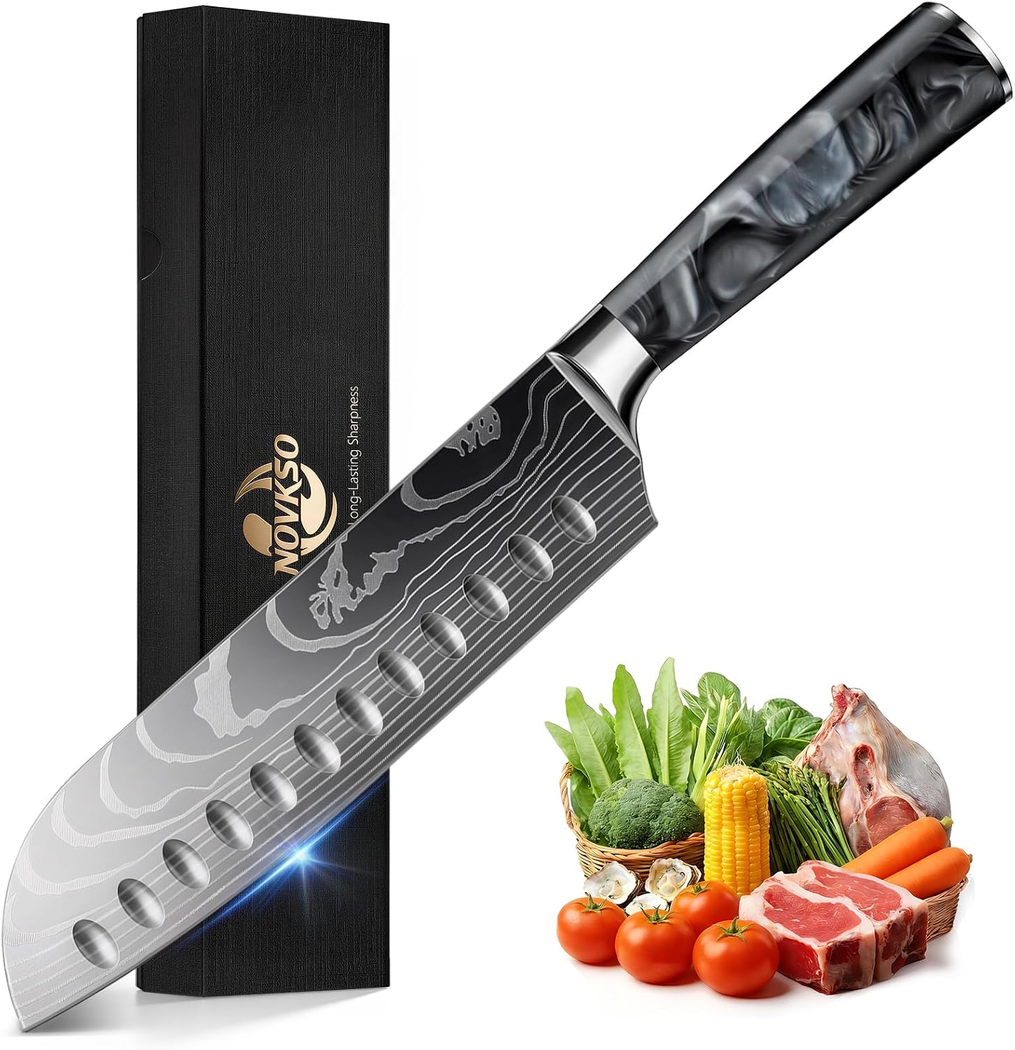 7 Inch Santoku Knife, Pretty Design, High‑Carbon Steel, Resin Handle