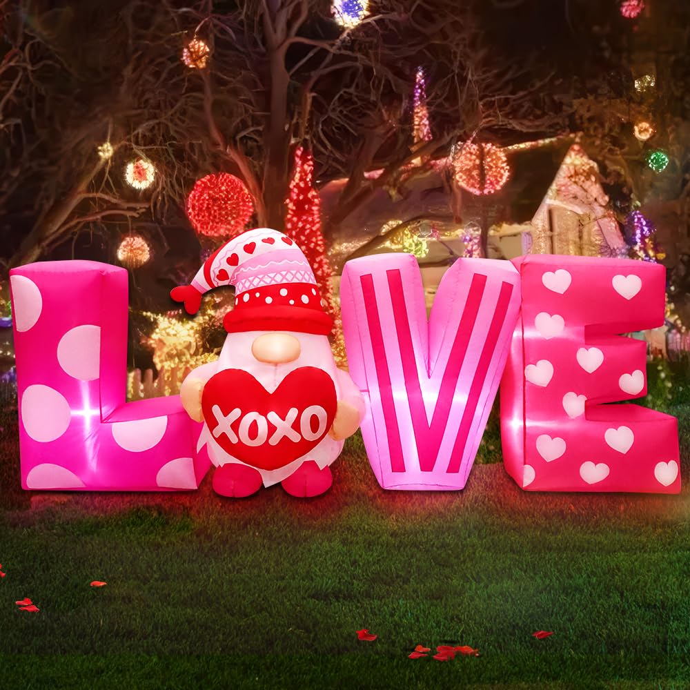 Decoración de patio con luces LED y gnomos inflables de San Valentín de 6.3 pies para césped