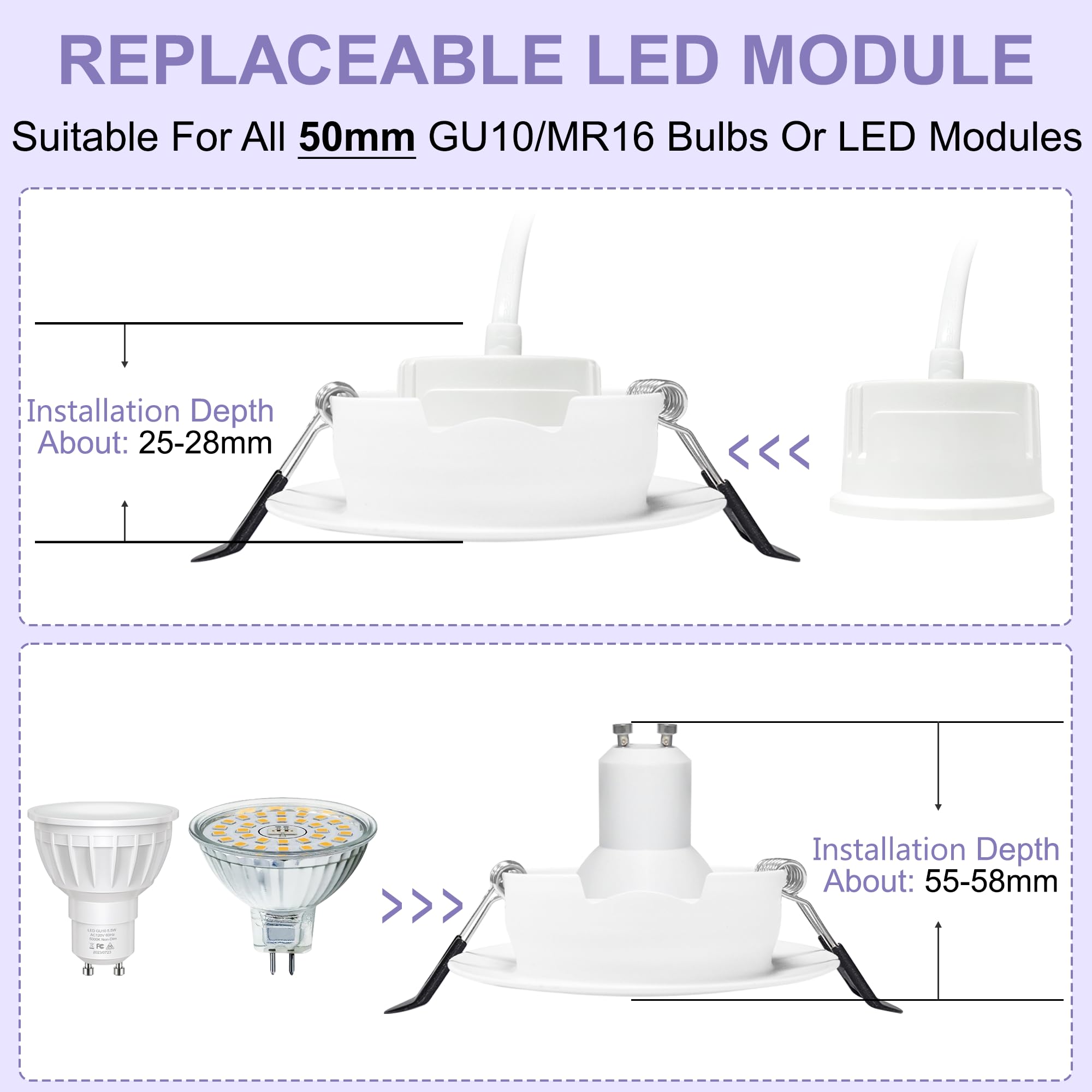 LED Einbaustrahler 230V Dimmbar 68mm 5.5W IP44 LED Spots Ultra Flach Deckenspots 45° Schwenkbar Einbauleuchten 3000K/4000K/6000K Spots Deckenleuchte für Bad Wohnzimmer Küche, Weiß 6er Set