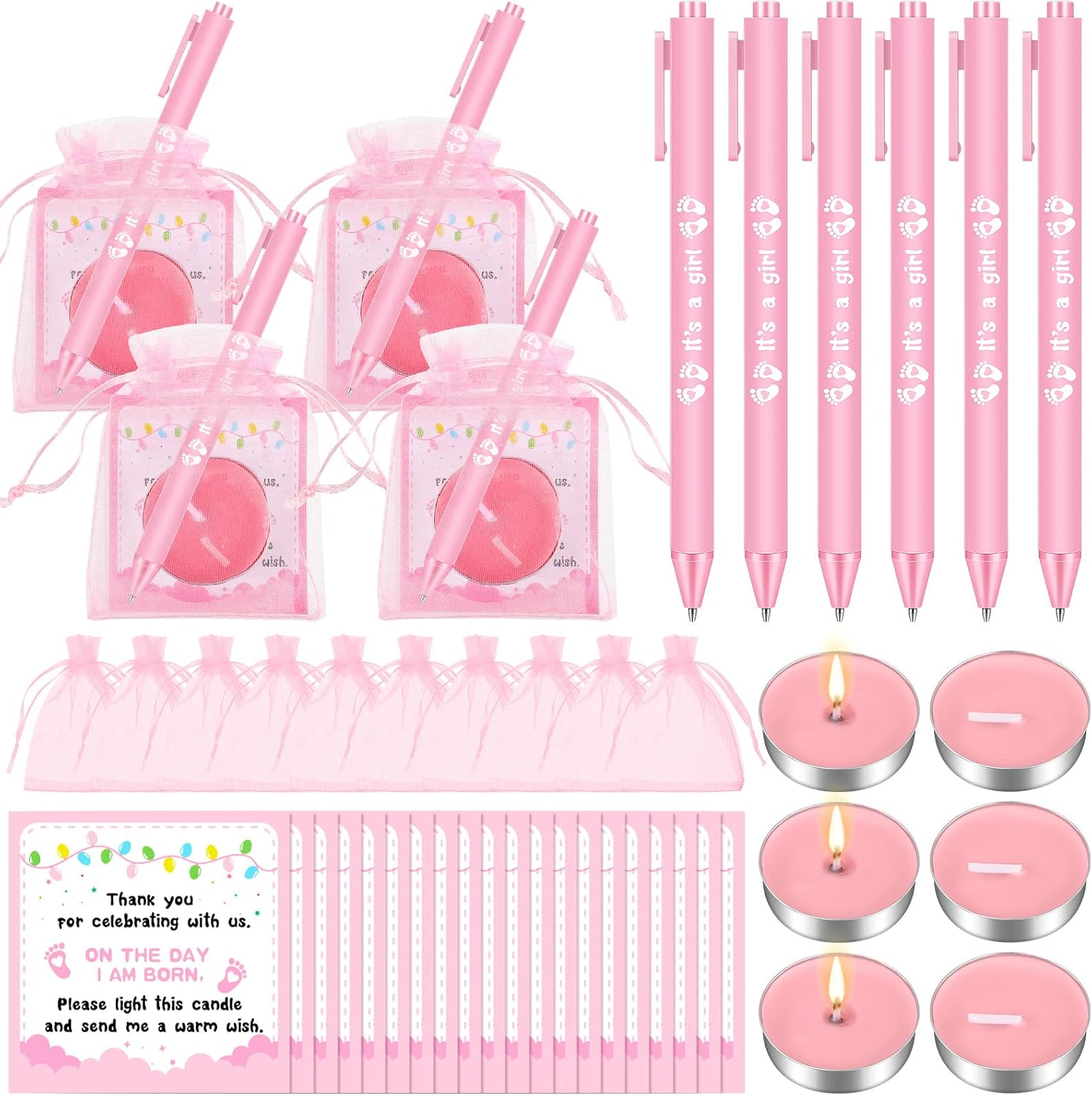 Ctosree 50 Sets Baby Shower Favors for Guests Include 50 Pcs Tea Light Candle Bulk Thank Tag and Chiffon Bag with Drawstring Retractable Ballpoint Pen for Gender Reveal Party Supplies