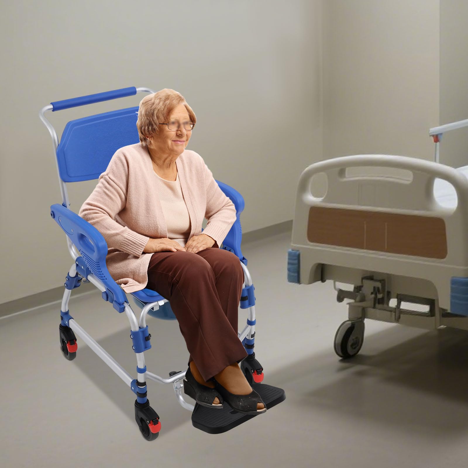 Silla de ducha plegable 2 en 1, silla de inodoro con ruedas con cazo y reposapiés plegable, silla de inodoro móvil para pacientes mayores, discapacitados, embarazadas