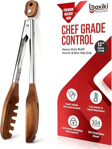 Pinzas de cocina 3 en 1 y servidor de pasta, pinzas multifunción de nogal de 12 pulgadas con puntas planas y horquillas ranuradas para pasta,