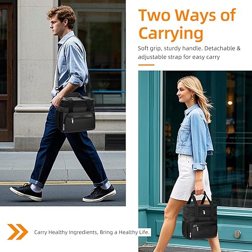 Miniatura 6 de Lonchera aislada para hombres y mujeres, bolsa de almuerzo de doble capa a prueba de fugas con correa ajustable para el hombro, enfriador de