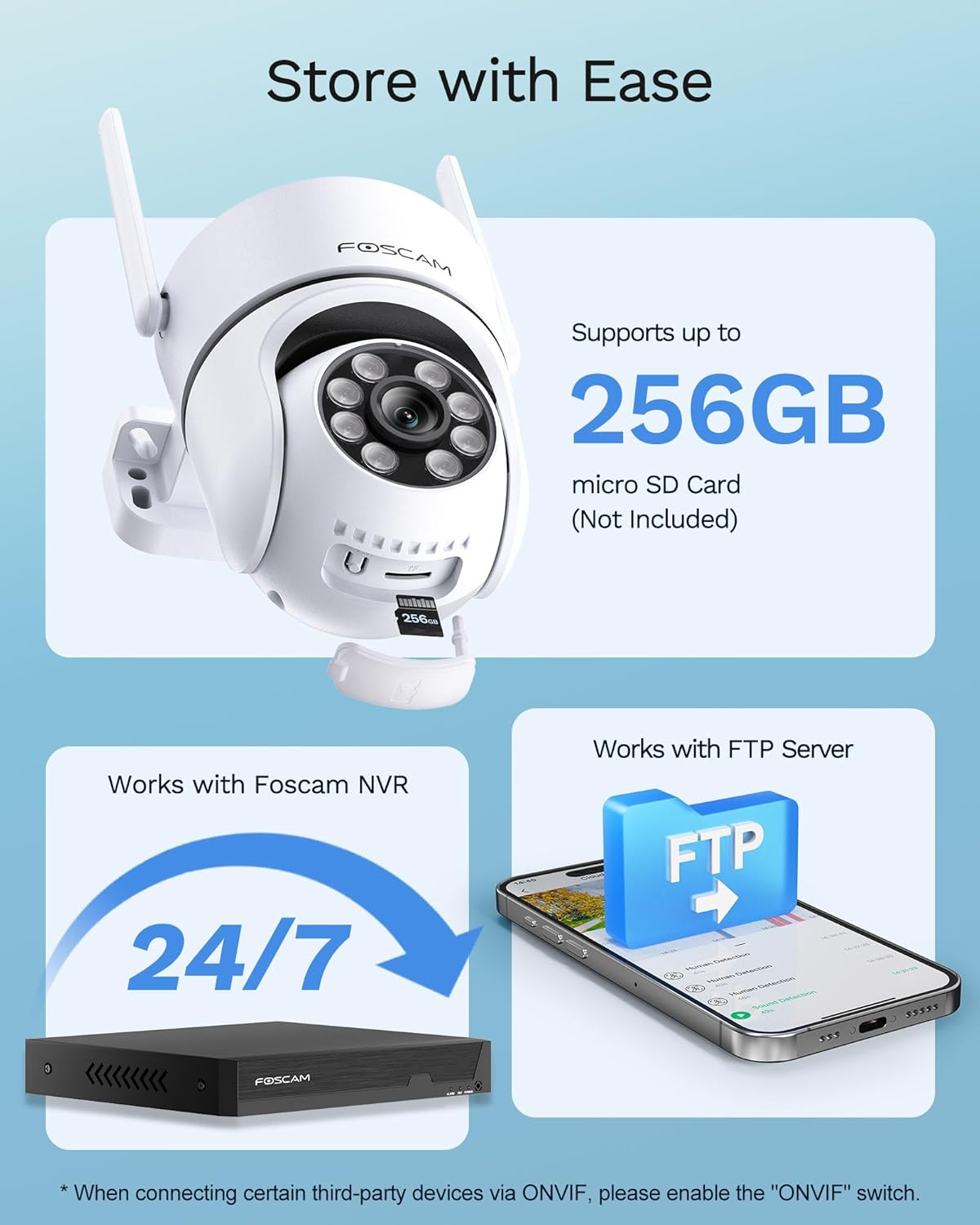 Foscam PD5 camera showing support for 256GB microSD card, Foscam NVR, and FTP server