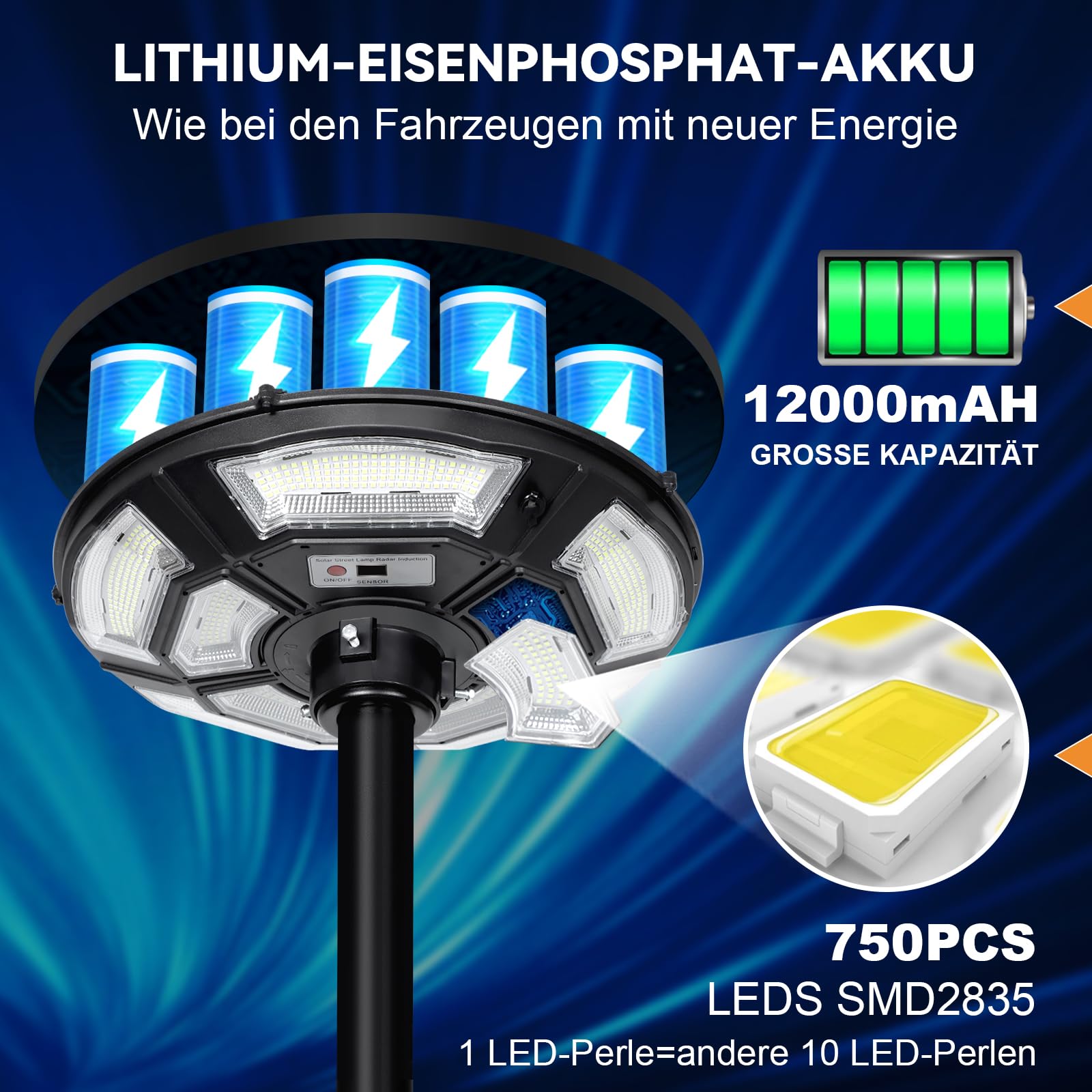 Solar Straßenlaterne mit H200cm Lichtmast, 750LEDs Solarstrahler mit Bewegungsmelder und Lichtsensor, Wasserbefüllbarer Fuß, 6500K, Timer, Garten Sicherheitleuchte Solarlampen für Außen Hof Garage