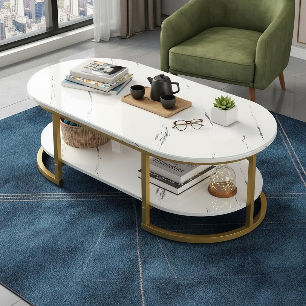 RIZIK STORE® Coffee Table – Modern 2-Tier Center Table with Engineered Wooden Top & Gold Metal Frame, Stylish Living Room Sofa Table, Elegant Cocktail Table for Home, Office, Dining (White)-image-34