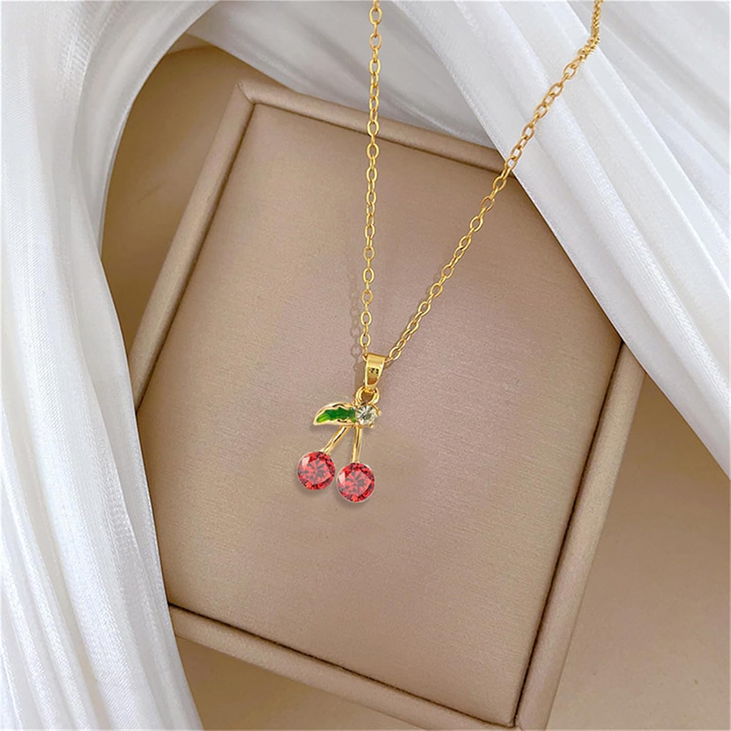 Dreuyet Red Crystal Cherry Earrings Necklace Set for Women Personalized Creative Cherry Fruit Huggies Hoop Earring Pendant Necklace Cute Summer Tropical Fruit Green Leaf Charm Jewelry - Image 5