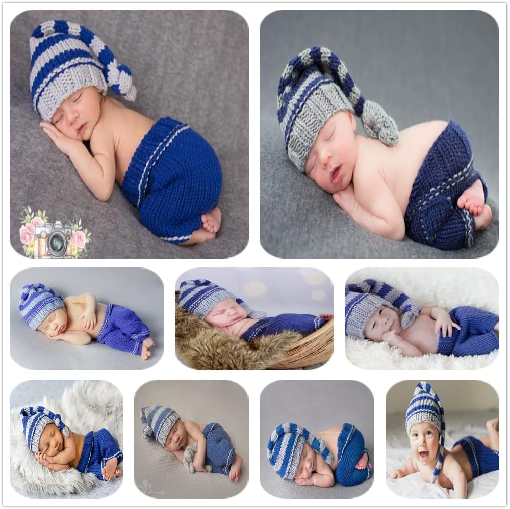 Newborn Baby Photo Shoot Props Girl Boy Crochet Knit Hat Costume Stripe Hat Pants Overalls Photography Props