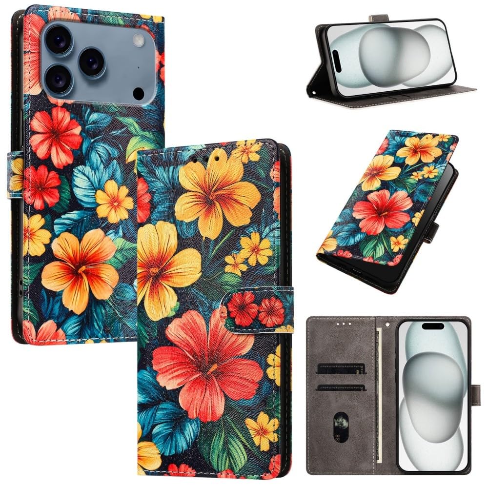 Generic Étui compatible avec iPhone 6/7/8/SE2/SE3 (motif : hibiscus) étui portefeuille en cuir à rabat magnétique