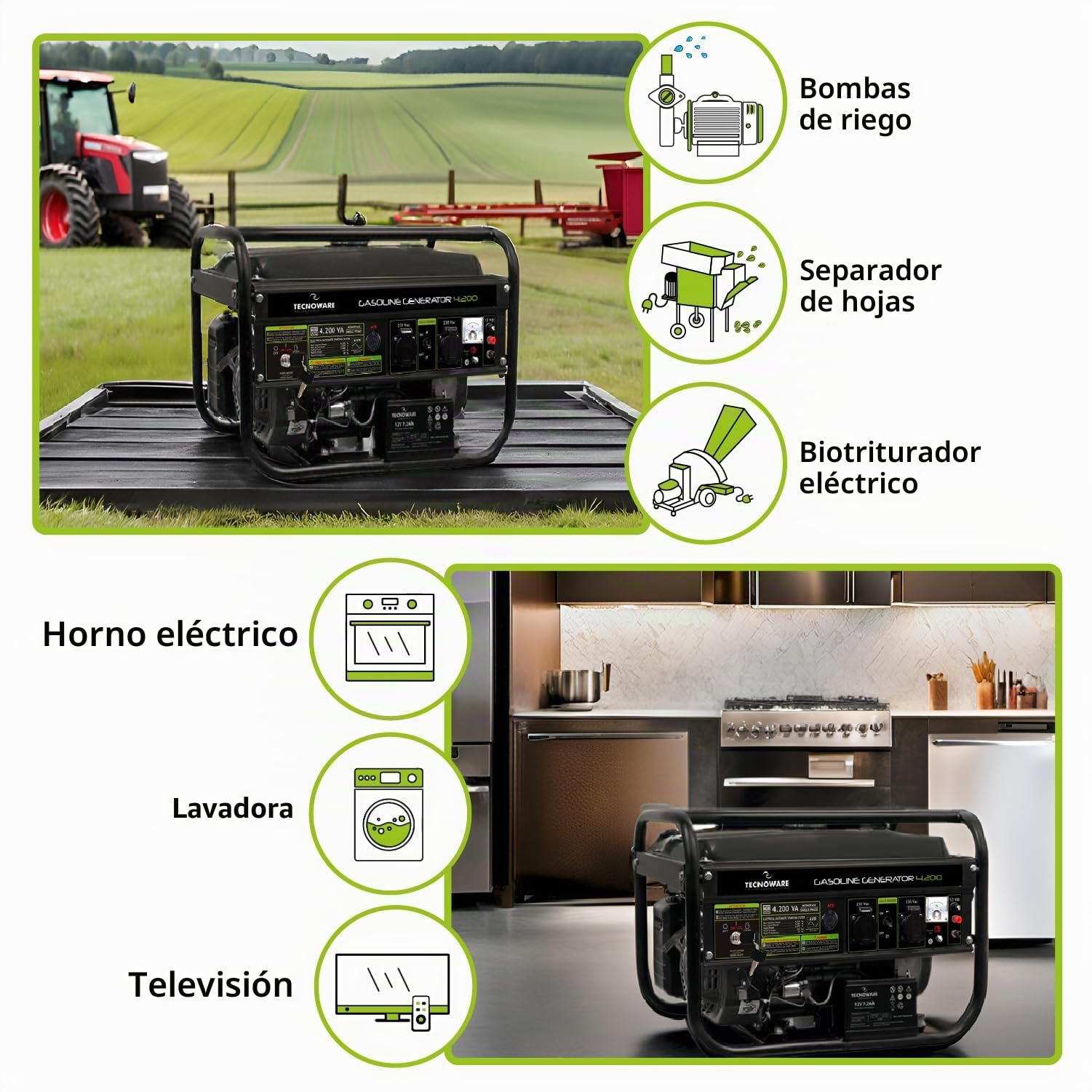 Tecnoware Power Systems - Generador de Corriente 4200 VA, Motor Gasolina 4 Tiempos, Arranque Eléctrico y Manual, Depósito 15L, Compacto y Portátil, Ideal para Camping y Construcción