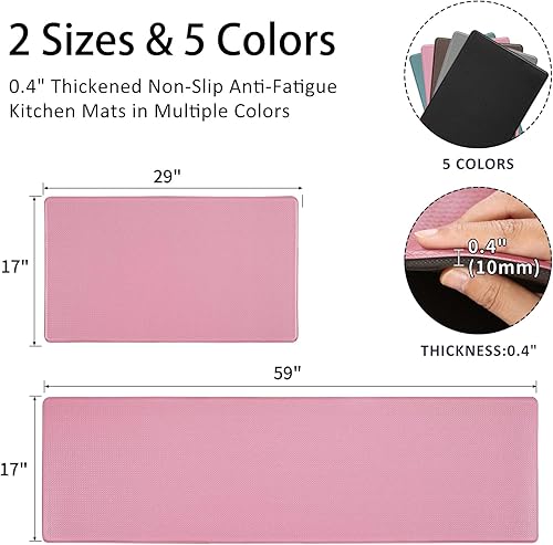 Miniatura 2 de AUTODECO Juego de alfombras y tapetes de cocina de 2 piezas - Alfombra de cocina antifatiga acolchada para piso, lavable 17"x29" + 17"x59", RosaRojo