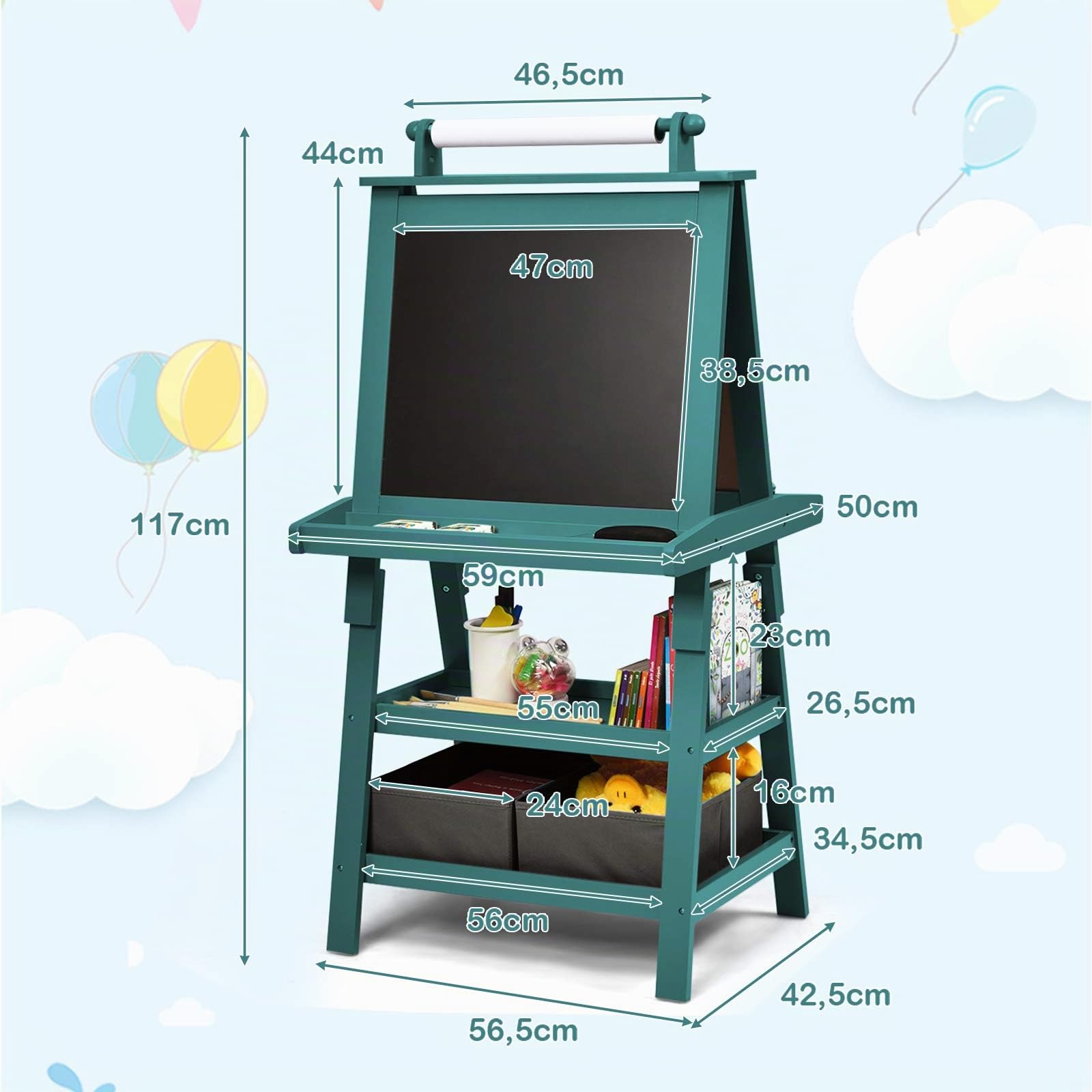 RELAX4LIFE Pizarra 3 en 1 para niños de doble cara, 56 × 43 × 117 cm (azul)
