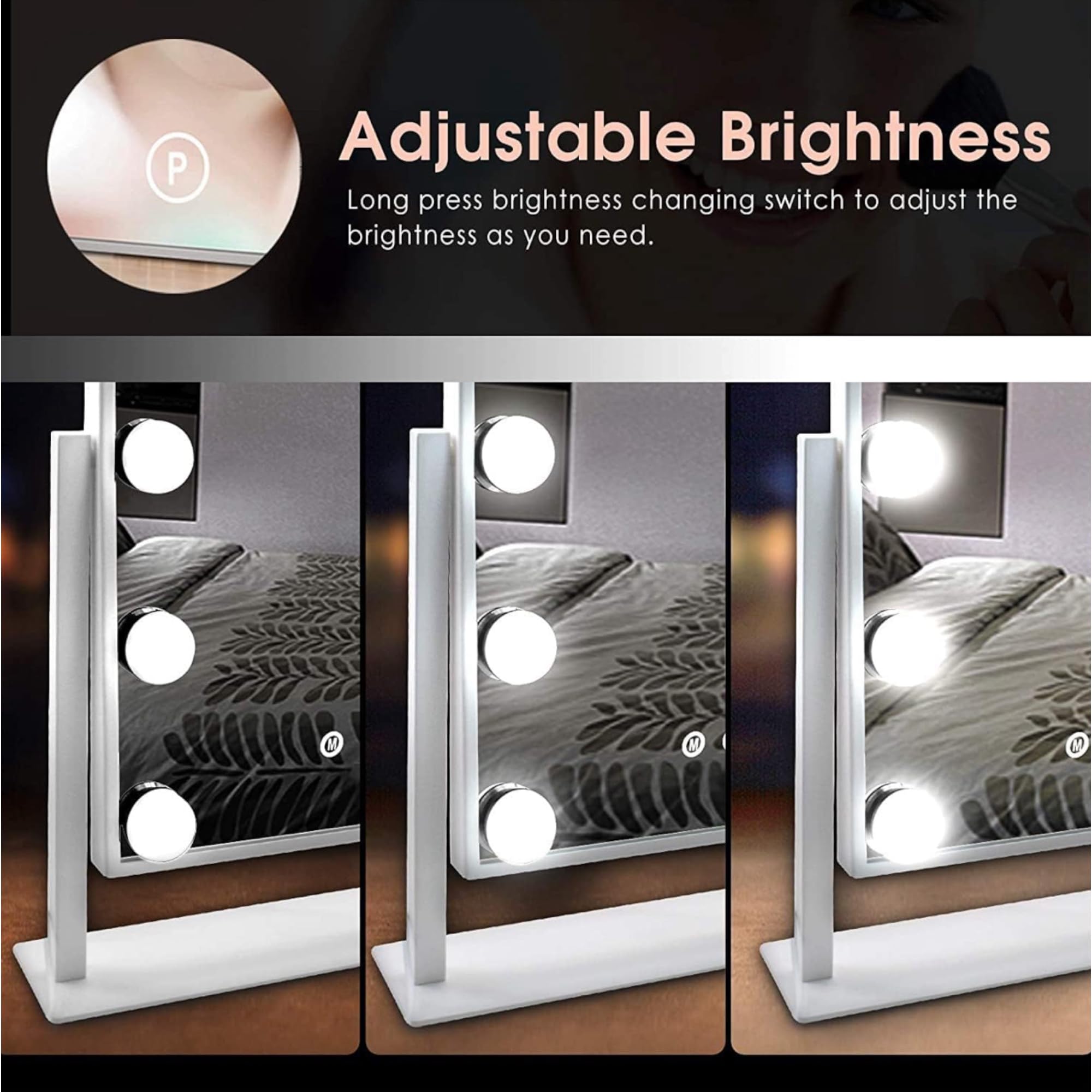 Espejo de Maquillaje con Iluminación LED, 15 Bombillas, 3 Modos de Luz, Control Táctil, USB Recargable, Aumento