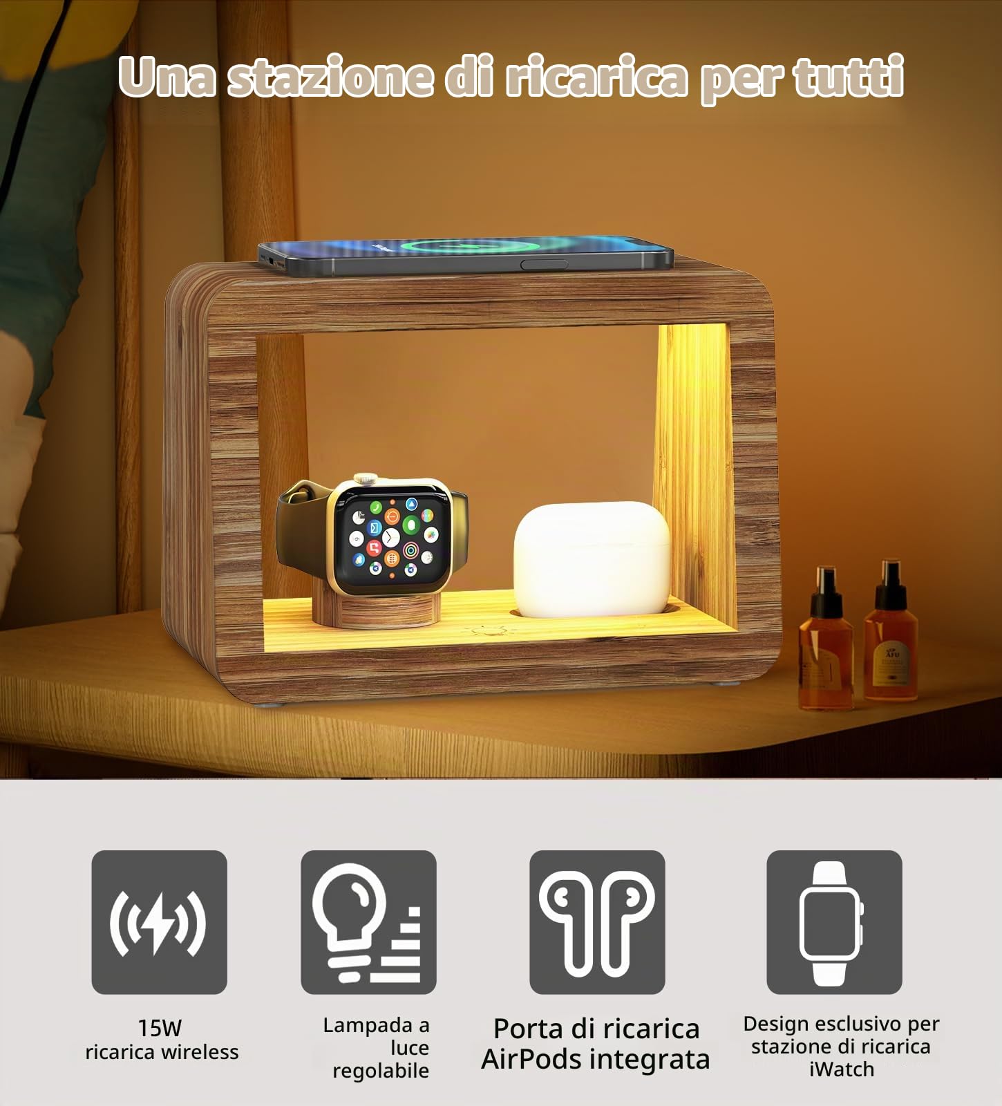 Stazione di ricarica senza fili, lampada da scrivania Alltripal 15 W, caricabatterie wireless veloce, luce notturna con 3 colori e luminosità regolabile, stazione di ricarica per iPhones/Air Podes