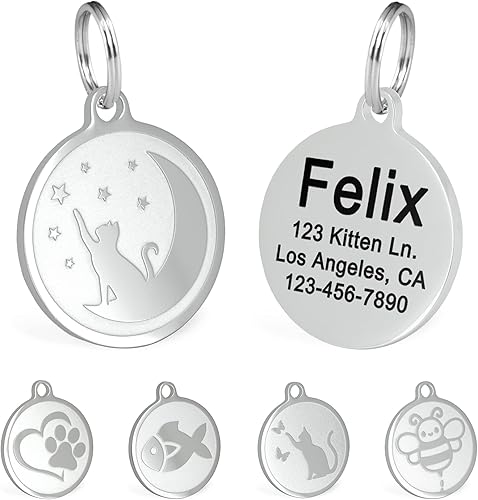 Ultra Joys Etiquetas grabadas con nombre de gato personalizadas, etiqueta de identificación de gato de acero inoxidable, etiquetas de identificación