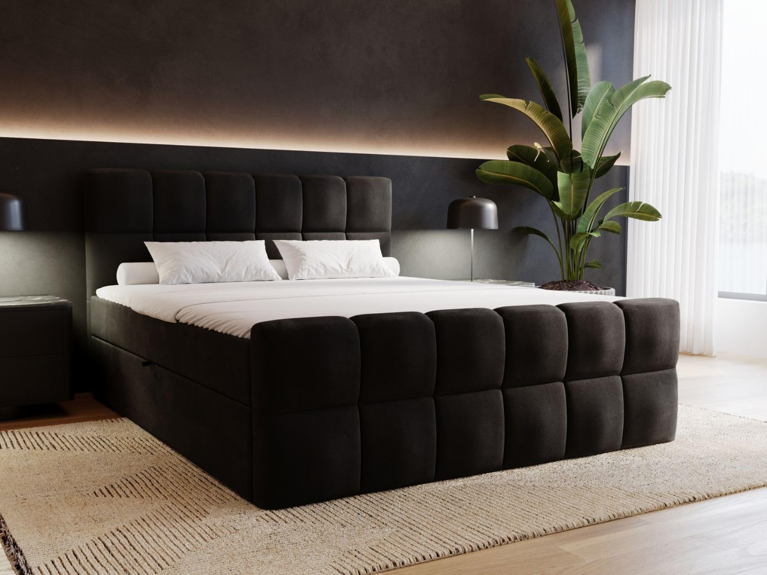 GRAINGOLD Alicante Bett, Boxspringbett mit Bettkasten, Polsterbett mit Bonell-Matratze, Velvet-Stoff, mit Topper, mit Kopfteil (Schwarz, 200x200)
