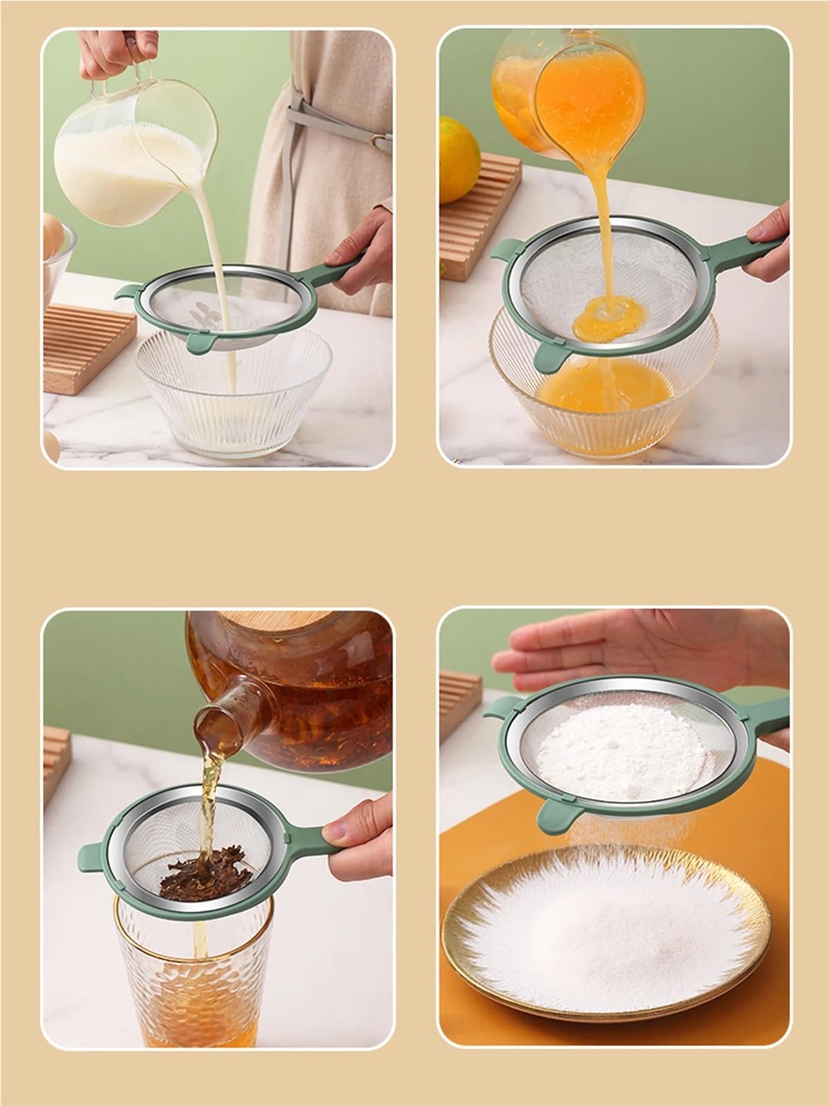 Mehlsieb-Set aus 304 Edelstahl, 2 Stück, Küchensieb mit Kunststoffgriff zum feinen Sieben von Mehl, Saft, Sojabohnenmilch, 11 cm, grünes Backwerkzeug