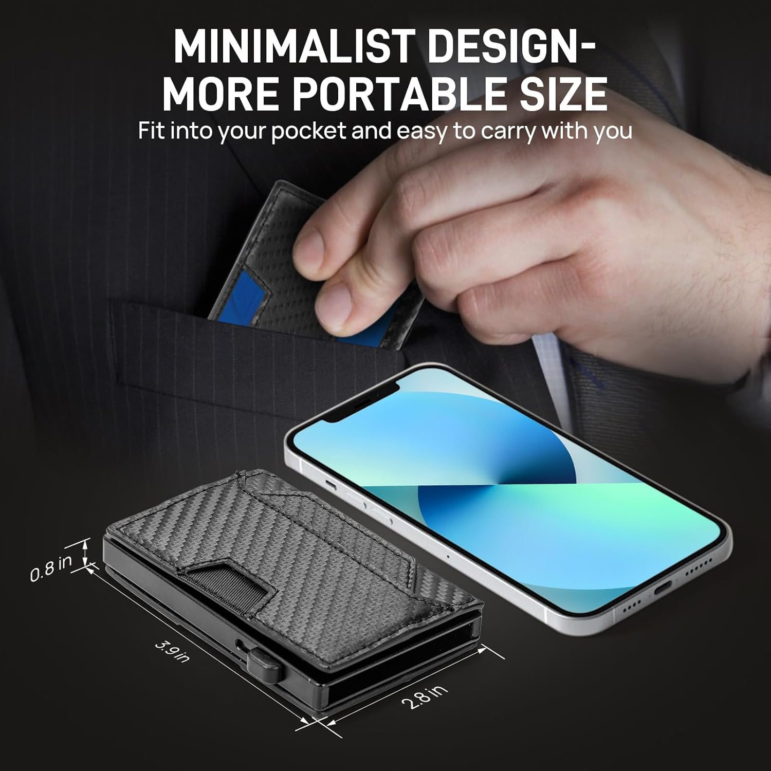 Slim Wallet for Men, Mens Wallet RFID Blocking Minimalist Compact Men's Slim Pop-Up Card Holder with Money Clip ID Window Bifold Leather Front Pocket Wallets for Men (Black-Carbon Fiber) - Image 6