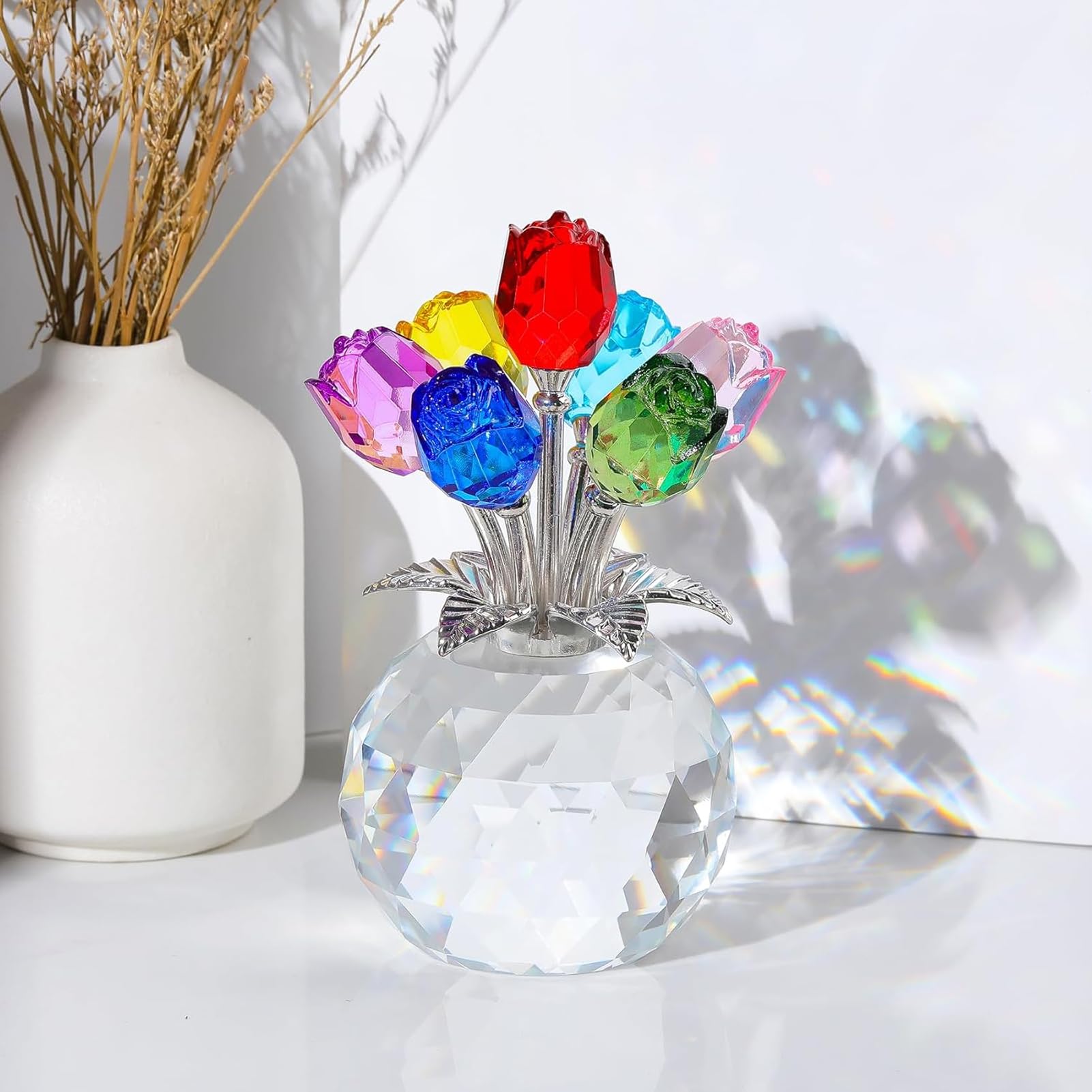 Crystal Figurines Collectibles,Romantic Colorful Rose Statue | Crystal Flower Figurines Table Decor - for Wife Girlfriend Women Valentines Wedding Birthday Holiday Party — view 3