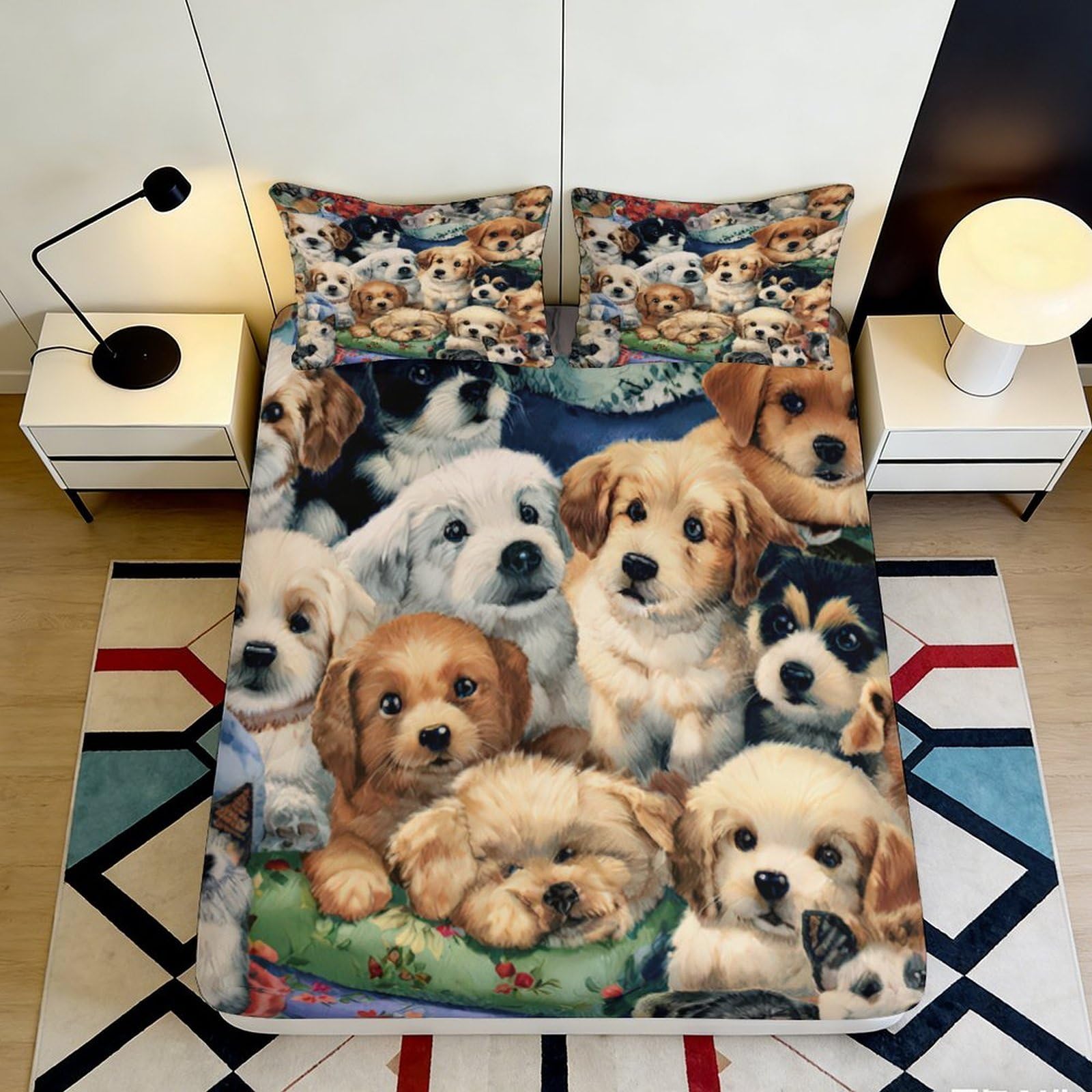 3D Printed playful dogs Fitted Sheet, soft touch Microfiber, anti-slip, easy care, guest room bedding, wrinkle resistant, dustproof for homes 90x200x25cm