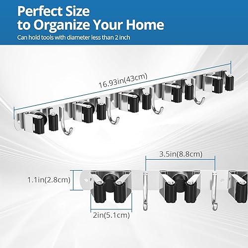 Miniatura 7 de Paquete de 2 soportes para escobas de montaje en pared, para fregona y escoba, organizador de herramientas de almacenamiento de acero inoxidable
