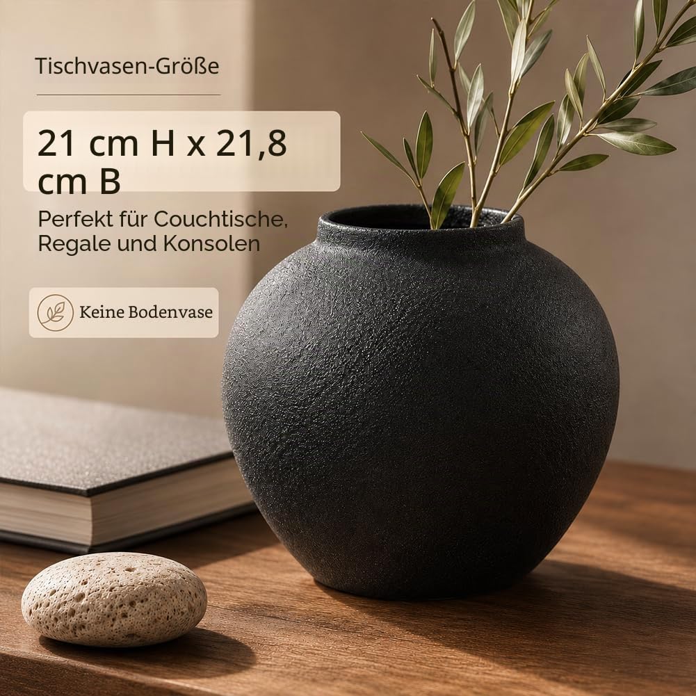 Mattschwarze Keramikvase ca. 21 cm, Moderne rustikale Deko Vase für Pampasgras, Blumen und Grün, Runde Tischvase als Centerpiece für Wohnzimmer, Flur und Regal