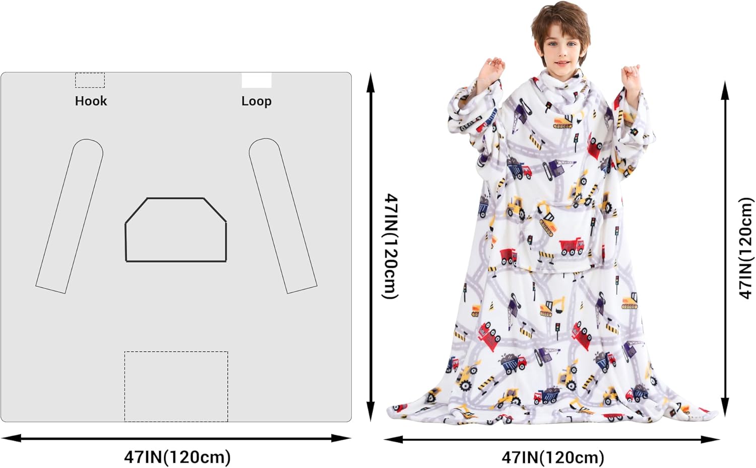 Viviland Wearable Fleece Blanket Hoodie, Blanket Hoodie for Kids with Sleeves & Foot Pocket, 47" X 47" Lightweight Soft Like Flannel, White Truck Pattern - Image 4