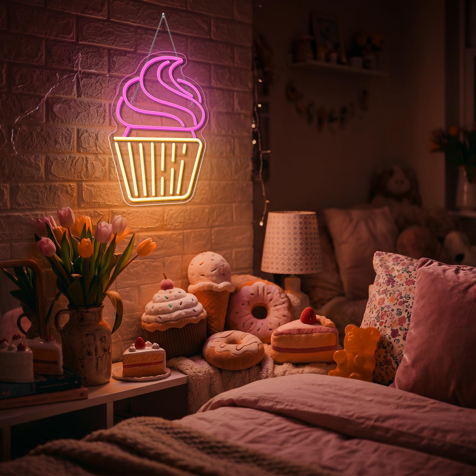 Letrero de neón para magdalenas, luces LED de neón rosa y blanco cálido para decoración de pared, letreros de luz USB para panadería, postres, tiendas, restaurantes, bares, cafeterías