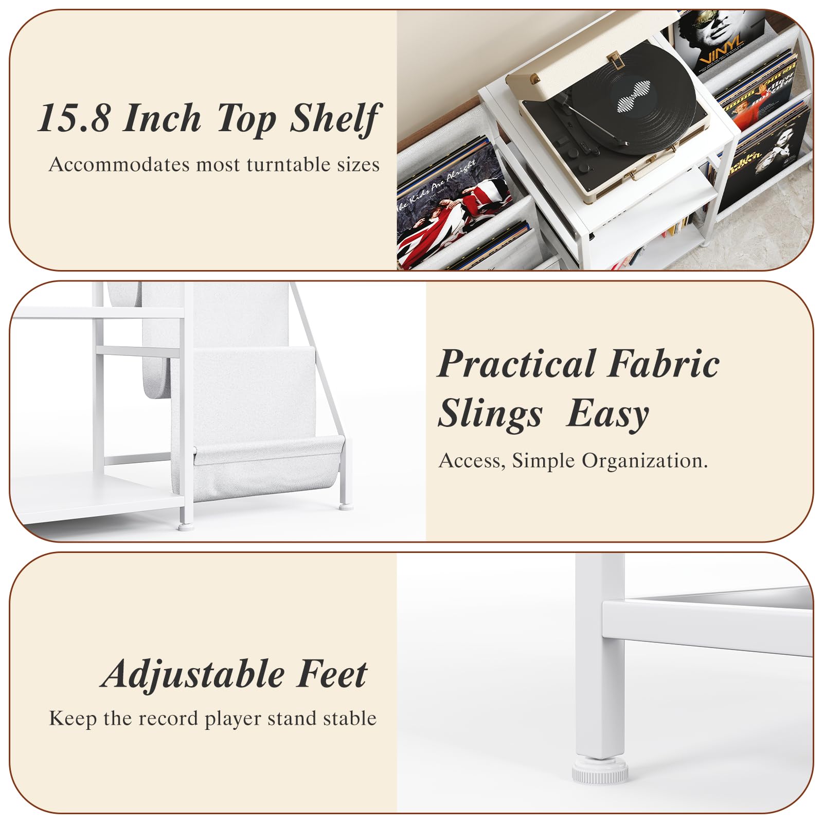 Soporte para tocadiscos blanco con 3 niveles, almacenamiento de vinilo para hasta 280 LPs, moderno soporte para discos de vinilo y mesa auxiliar para tocadiscos, diseño minimalista, estantería para