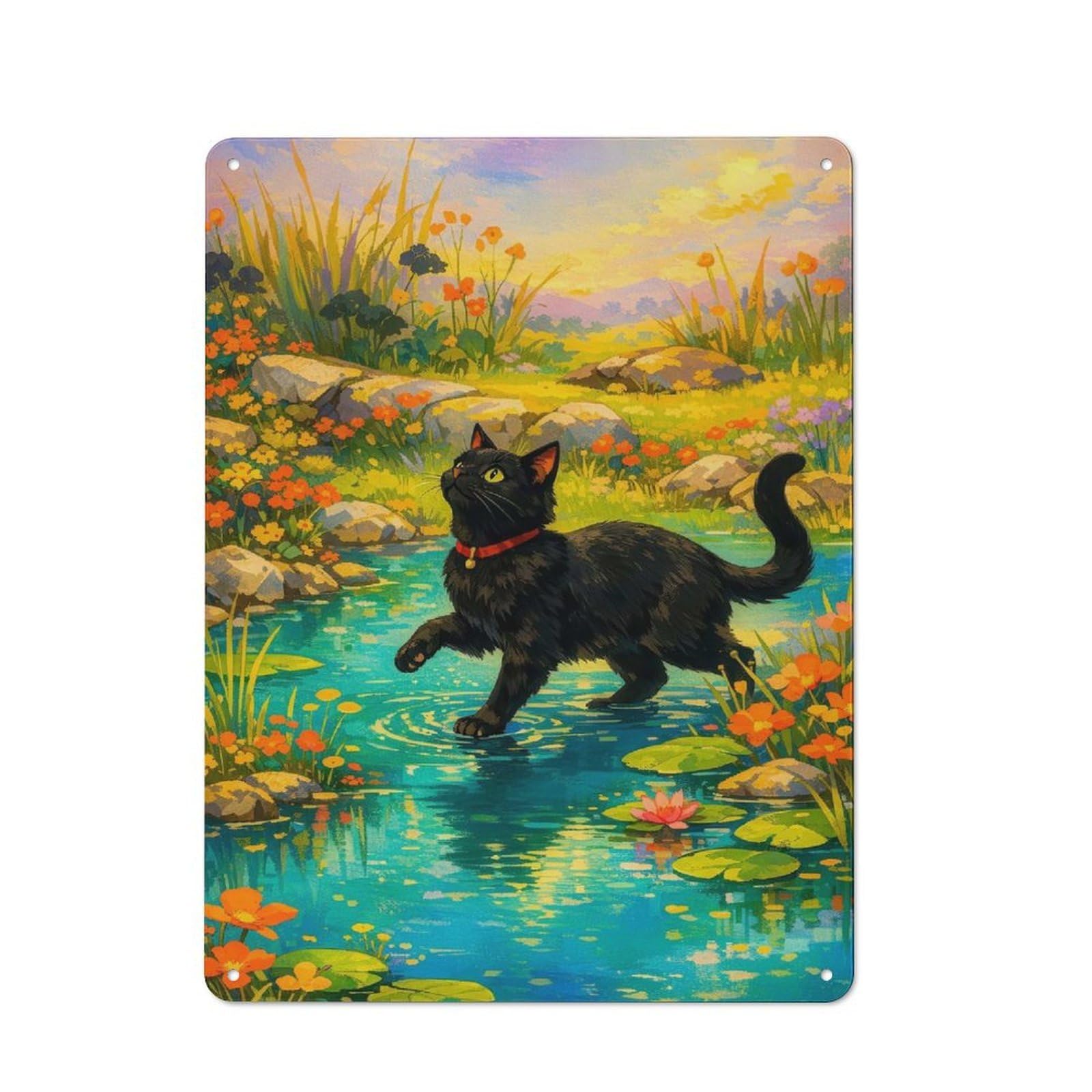 Junmoney Style-20 Metal Wall Sign 40X30cm Featuring Black Cat In A Water Lily Pond For Café Or Restaurant, For An Autumn Wall Display In Café And Restaurant