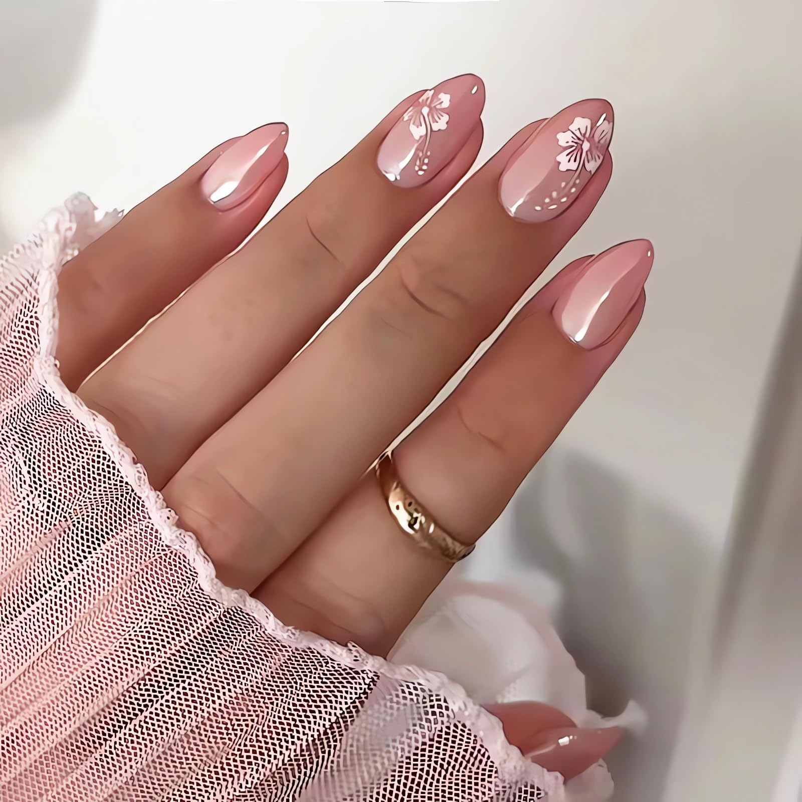 Short Almond Press on Nails Chrome Pink Fake Nails with Flower Designs Gradient Pink False Nails Cat Eyes Artificial Nails Short Acrylic Glue on Nails