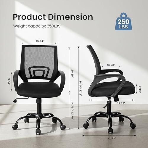 Miniatura 3 de DUMOS Silla de escritorio de oficina ergonómica con soporte lumbar y modo mecedor, altura ajustable con reposabrazos fijo, respaldo de
